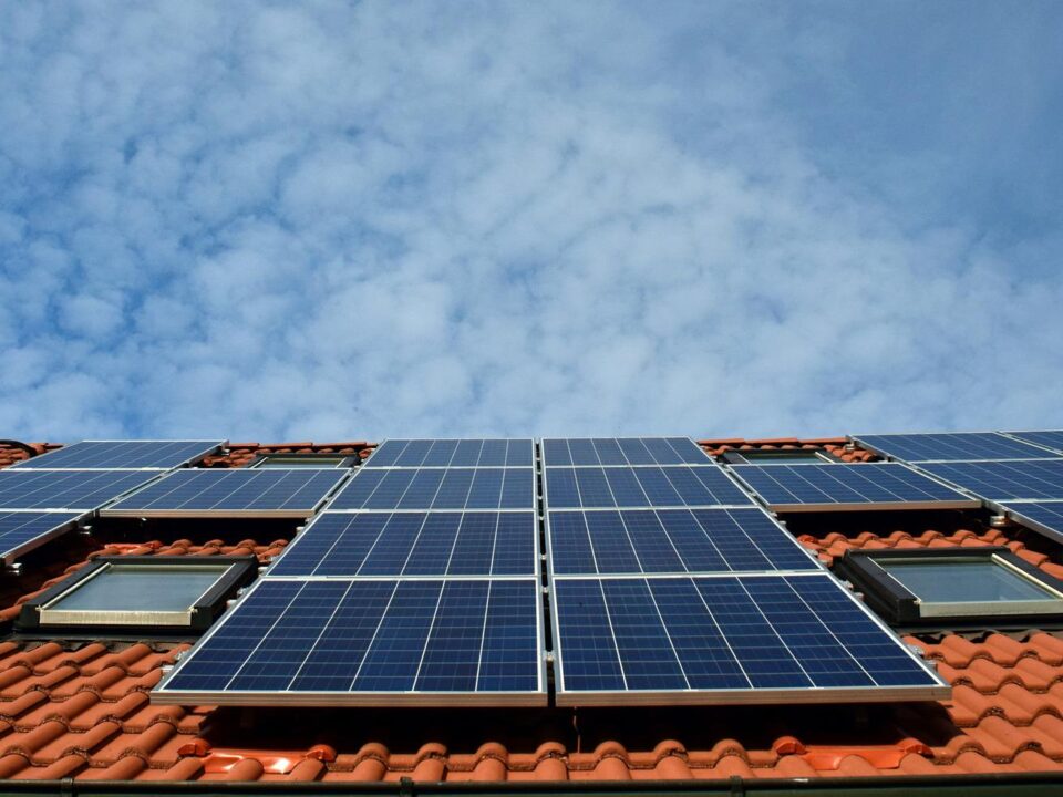 Roof of a building fitted with solar panels